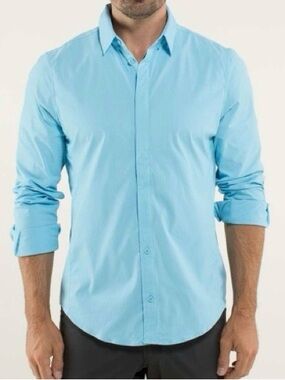 Lululemon Mission Long Sleeve Button Down Blue Stripes Nylon Blend Stretch XXL